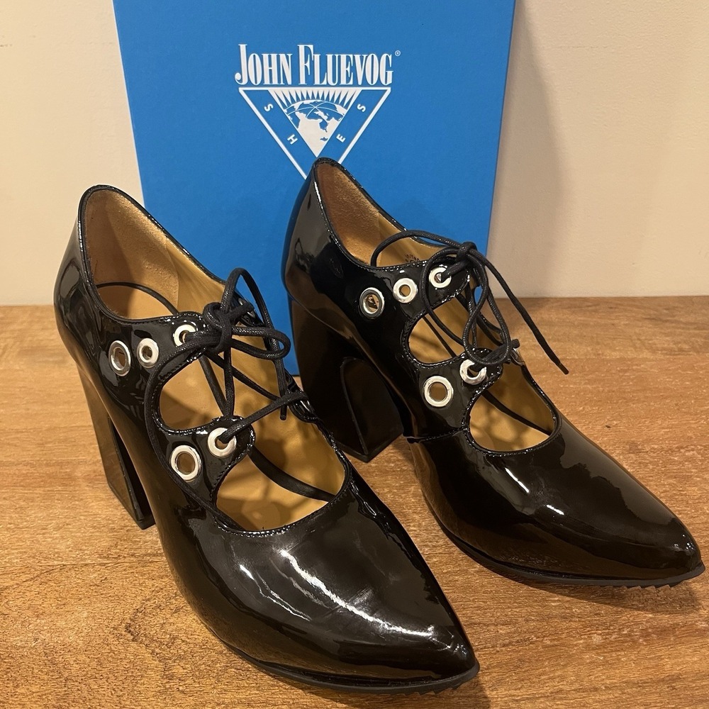 NIB John Fluevog Monza Fast Cars Eyelet Pump Black Patent‎ 6 Portugal Rare HTF